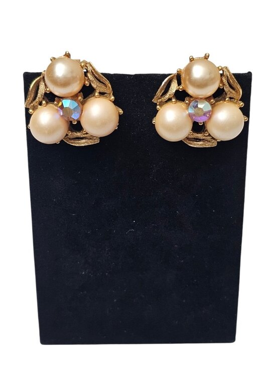 Star Jewelry - Vintage STAR Faux Pearl Cluster Earrings Gold Tone Aurora Borealis Rhinestone...